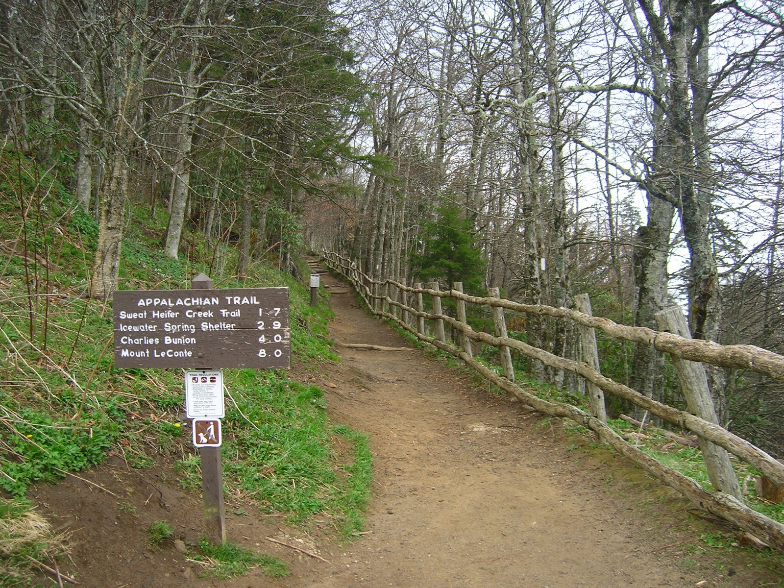 The Appalachian Trail begins in the north Georgia mountains  (60 miles N of Atlanta) and traverses the Appalchian range, ending approx. 2,200 miles away in Northern Maine