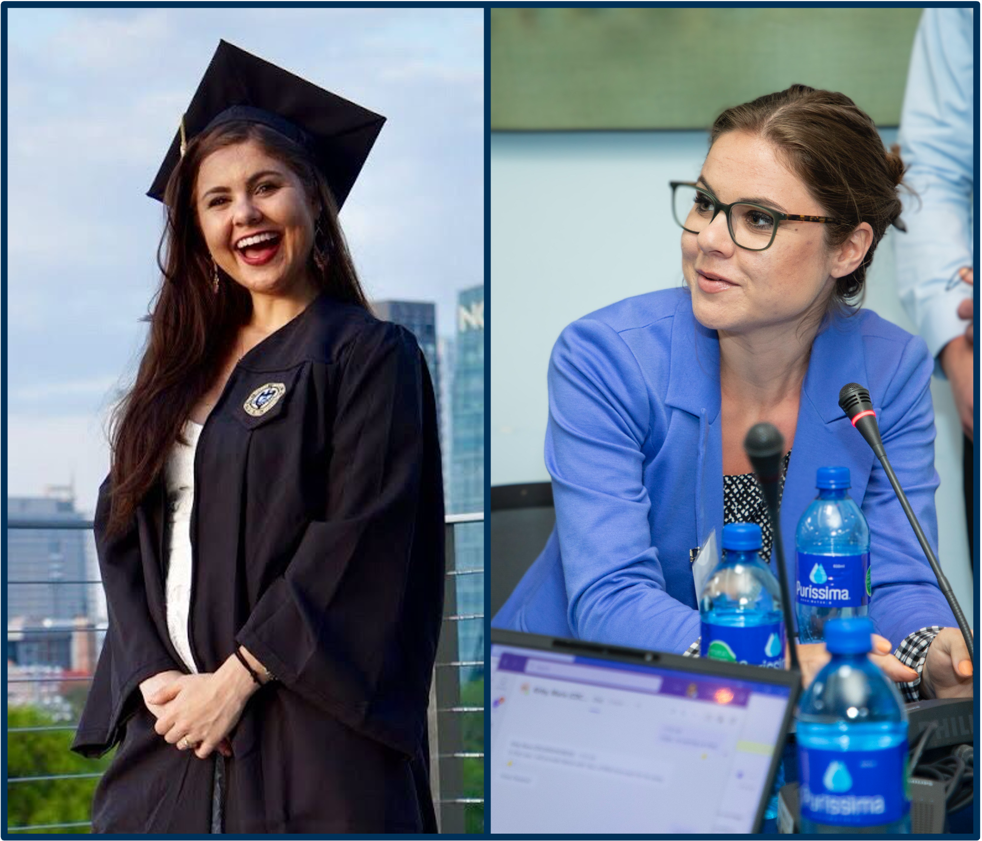 Split screen photo shows a woman in a graduation gown and a woman speaking into a microphone.