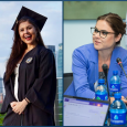 Split screen photo shows a woman in a graduation gown and a woman speaking into a microphone.